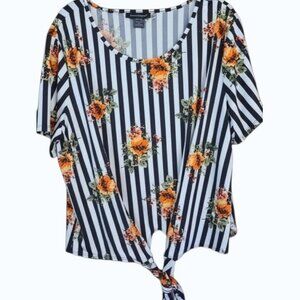 Ashley Stewart Black and White Striped Floral Blouse